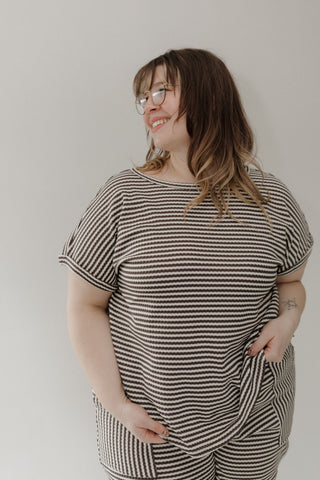 Textured Striped Dolman Sleeve Tee – Charcoal & Cream - Love Marlow