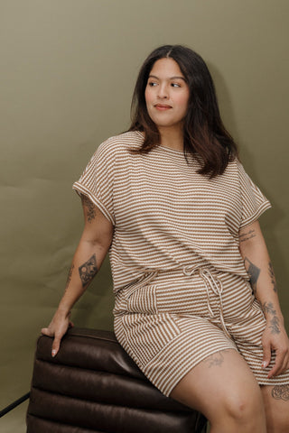 Textured Striped Shorts with Pockets – Camel & Cream - Love Marlow