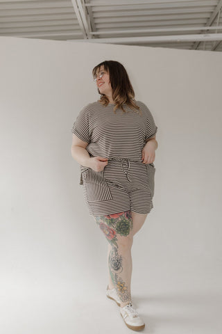 Textured Striped Shorts with Pockets – Charcoal & Cream - Love Marlow
