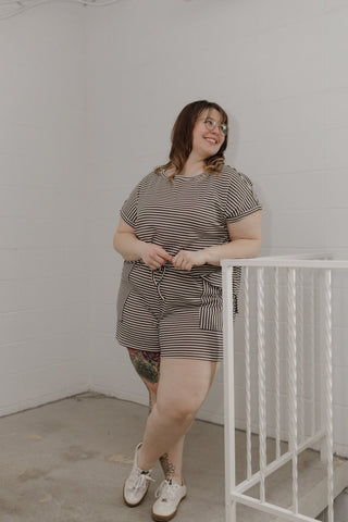 Textured Striped Shorts with Pockets – Charcoal & Cream - Love Marlow