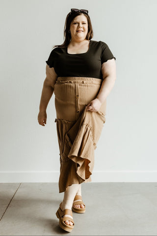 TEXTURED TIERED SKIRT WITH BUTTONS - Love Marlow