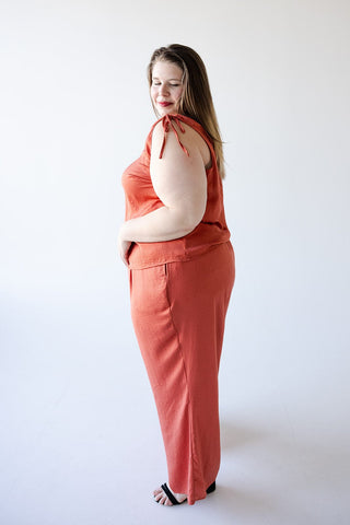 TEXTURED V - NECK RUCHED STRAP SATIN TANK IN COPPER - Love Marlow