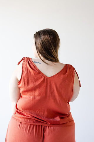 TEXTURED V - NECK RUCHED STRAP SATIN TANK IN COPPER - Love Marlow
