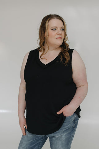 TEXTURED V - NECK TANK WITH WIDE STRAPS IN BLACK - Love Marlow