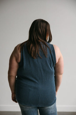 TEXTURED V - NECK TANK WITH WIDE STRAPS IN DARK HORIZON - Love Marlow