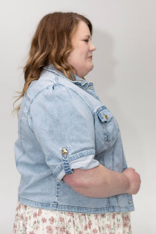 The Sculpted Short Sleeve Stretch Denim Jacket – Medium Light Wash - Love Marlow