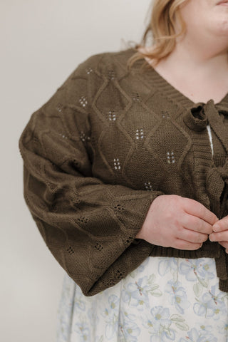 Tie - Front Cable Knit Cropped Cardigan in Luxe Sagewood - Love Marlow