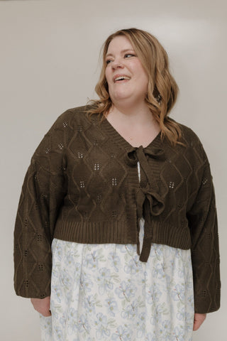 Tie - Front Cable Knit Cropped Cardigan in Luxe Sagewood - Love Marlow