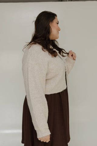 TIE FRONT CROPPED CARDIGAN IN SAND - Love Marlow