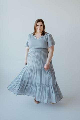 TIERED FLUTTER SLEEVE DRESS IN CHAMBRAY BLUE - Love Marlow