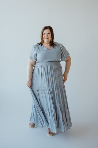TIERED FLUTTER SLEEVE DRESS IN CHAMBRAY BLUE - Love Marlow