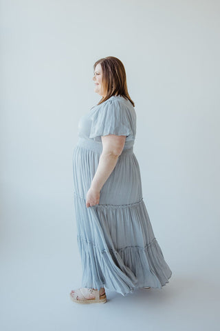 TIERED FLUTTER SLEEVE DRESS IN CHAMBRAY BLUE - Love Marlow