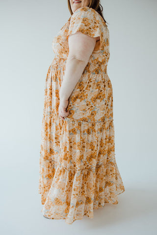 TIERED FLUTTER SLEEVE FLORAL DRESS IN AMBER SUNSET - xL - Love Marlow