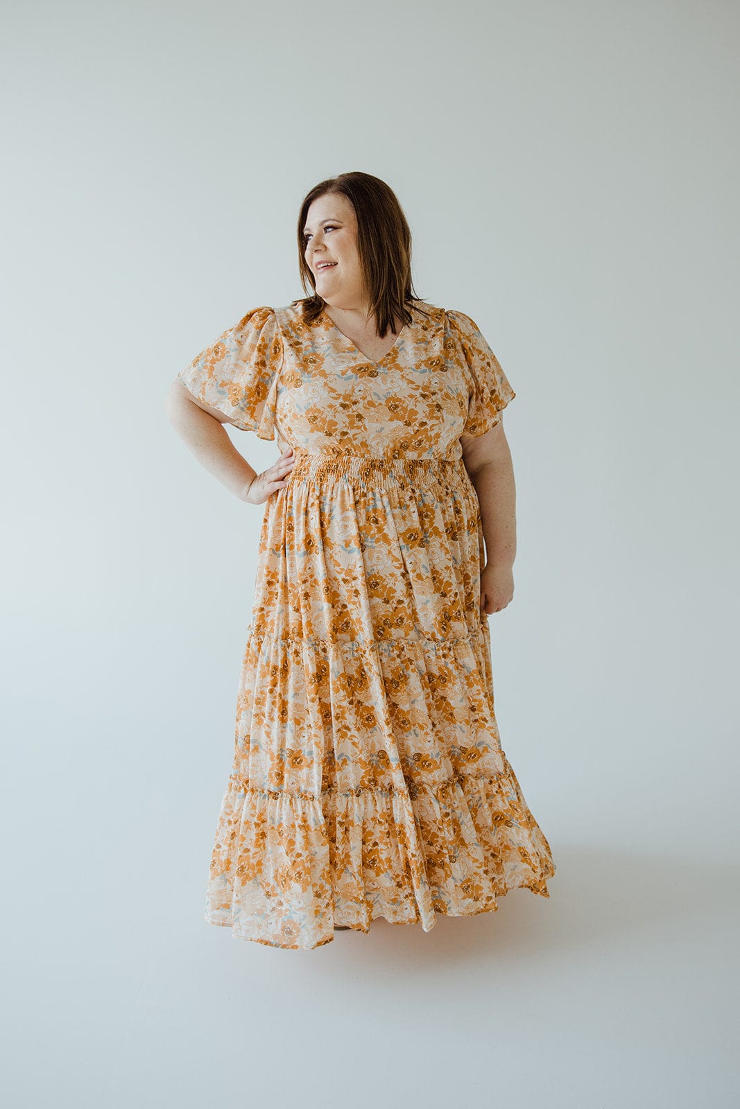 TIERED FLUTTER SLEEVE FLORAL DRESS IN AMBER SUNSET - xL - Love Marlow