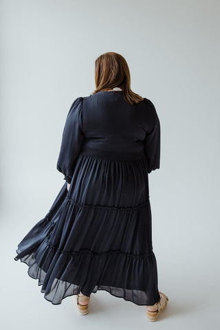 TIERED MIDI LENGTH BLOUSON SLEEVE DRESS IN MIDNIGHT - Love Marlow