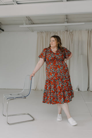 TULIP PRINT FAUX WRAP MIDI LENGTH DRESS - Love Marlow