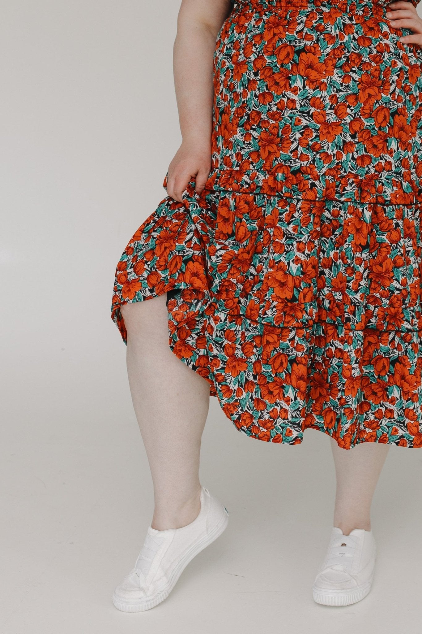 TULIP PRINT FAUX WRAP MIDI LENGTH DRESS - Love Marlow