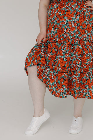 TULIP PRINT FAUX WRAP MIDI LENGTH DRESS - Love Marlow