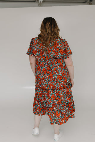 TULIP PRINT FAUX WRAP MIDI LENGTH DRESS - Love Marlow