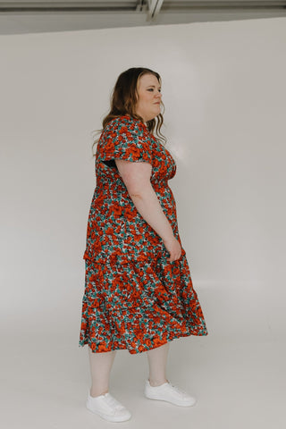 TULIP PRINT FAUX WRAP MIDI LENGTH DRESS - Love Marlow