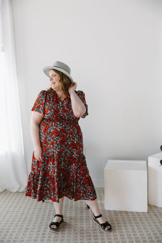 TULIP PRINT FAUX WRAP MIDI LENGTH DRESS - Love Marlow