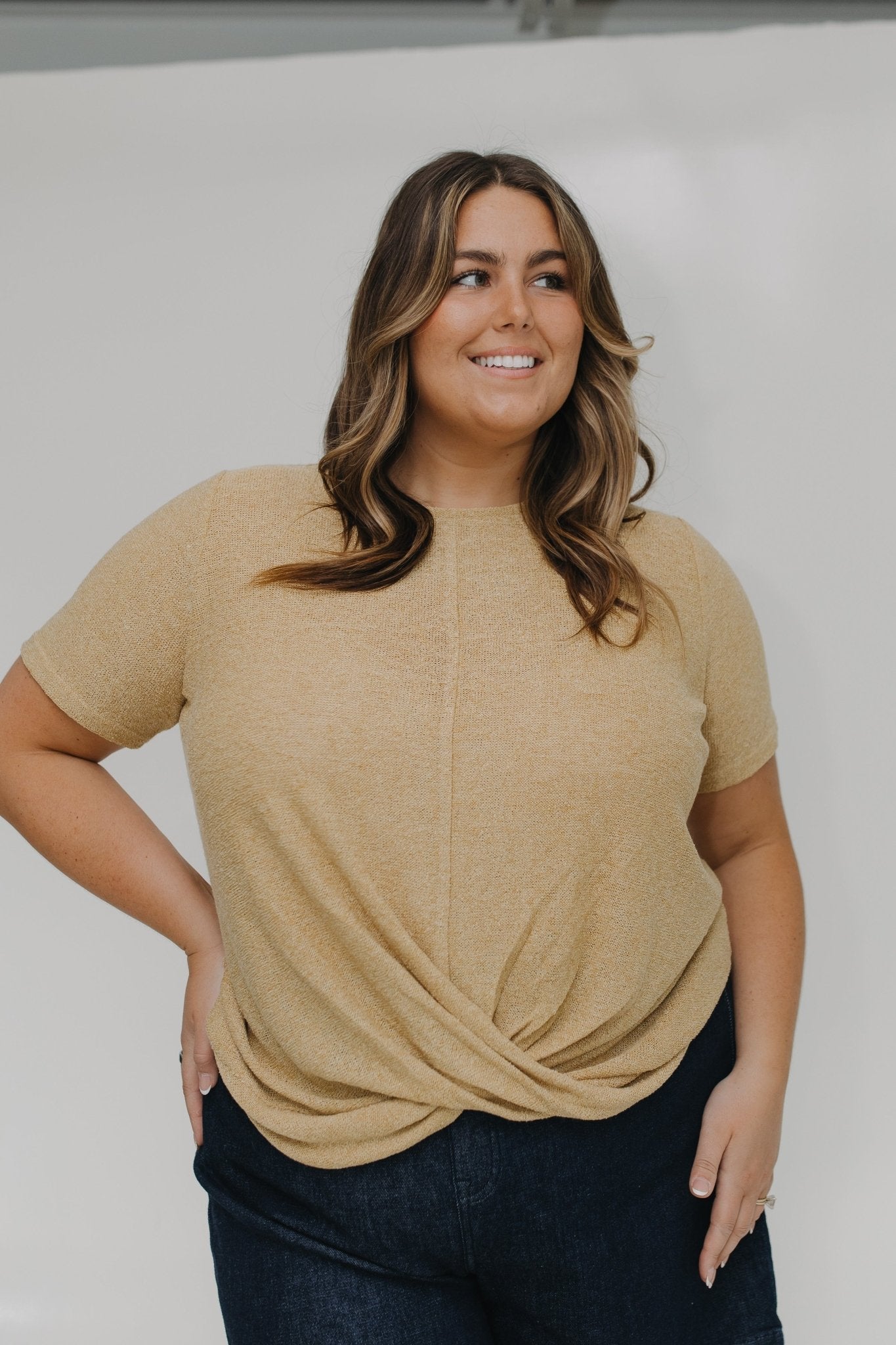 TWIST FRONT OPEN WEAVE SWEATER IN SUN BLEACHED CAMEL - Love Marlow