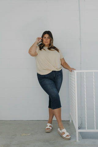 TWIST FRONT OPEN WEAVE SWEATER IN SUN BLEACHED DRIFTWOOD - Love Marlow