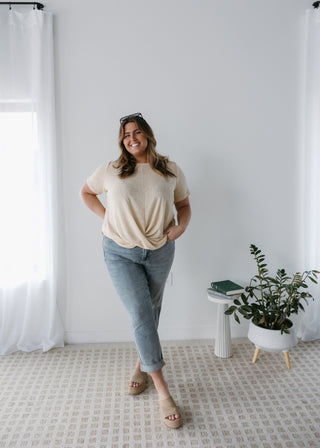 TWIST FRONT OPEN WEAVE SWEATER IN SUN BLEACHED DRIFTWOOD - Love Marlow