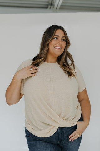 TWIST FRONT OPEN WEAVE SWEATER IN SUN BLEACHED DRIFTWOOD - Love Marlow