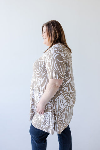V - NECK ABSTRACT PRINT TUNIC IN SAND AND OFF - WHITE - Love Marlow