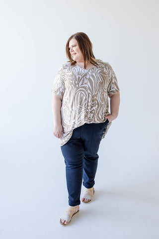 V - NECK ABSTRACT PRINT TUNIC IN SAND AND OFF - WHITE - Love Marlow