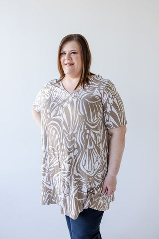 V - NECK ABSTRACT PRINT TUNIC IN SAND AND OFF - WHITE - Love Marlow