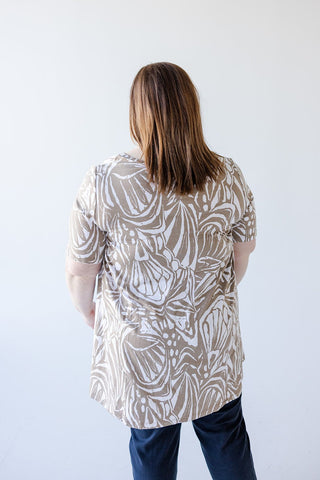 V - NECK ABSTRACT PRINT TUNIC IN SAND AND OFF - WHITE - Love Marlow