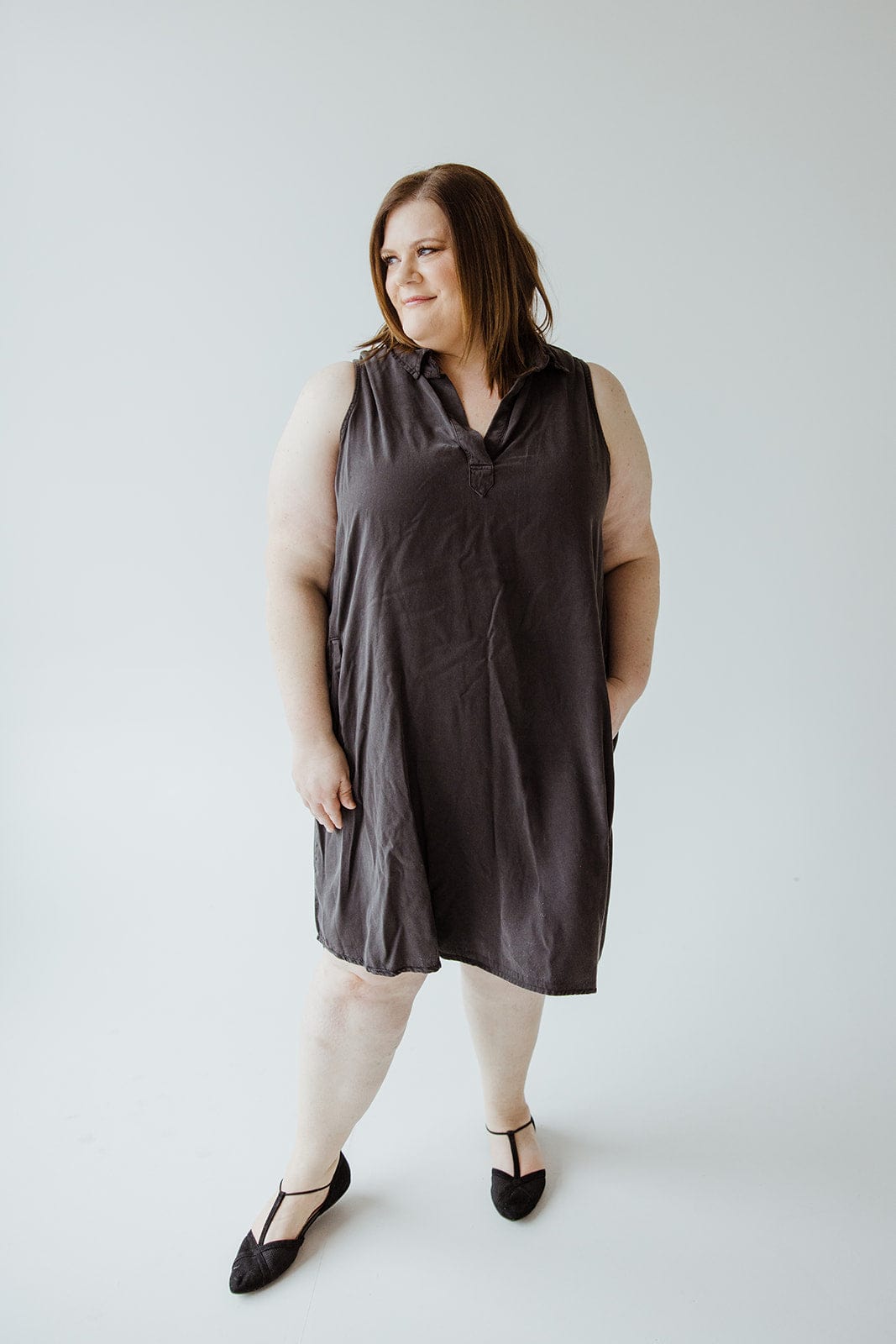 V - NECK COLLARED TENCEL DRESS IN WASHED BLACK - Love Marlow