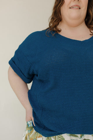 V - Neck Crochet Knit Poncho Sweater in Navy - Love Marlow