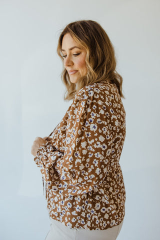 V - NECK LONG SLEEVE PEPLUM SHIRT IN ABSTRACT FLORAL - Love Marlow
