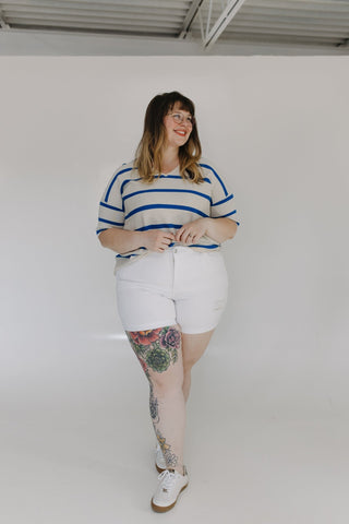 V - NECK STRIPED 3/4 SLEEVE SWEATER - Love Marlow