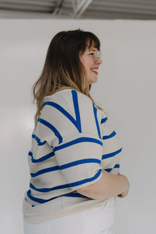 V - NECK STRIPED 3/4 SLEEVE SWEATER - Love Marlow