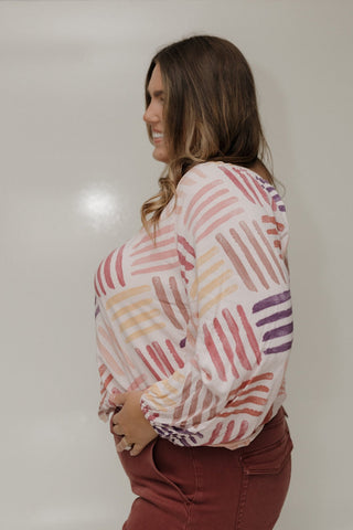 V - NECKLINE WOVEN BLOUSE IN GEOMETRIC PATTERN - Love Marlow