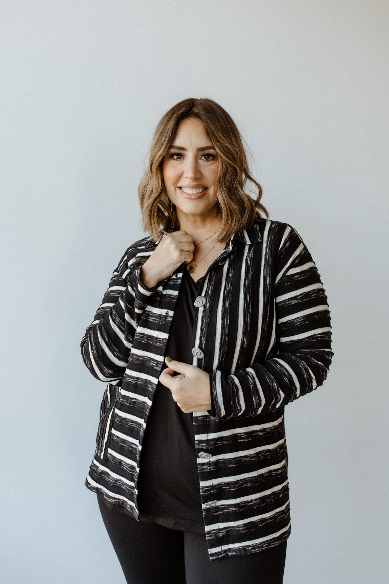 VARYING STRIPE BUTTON - UP BLOUSE IN BLACK - Love Marlow