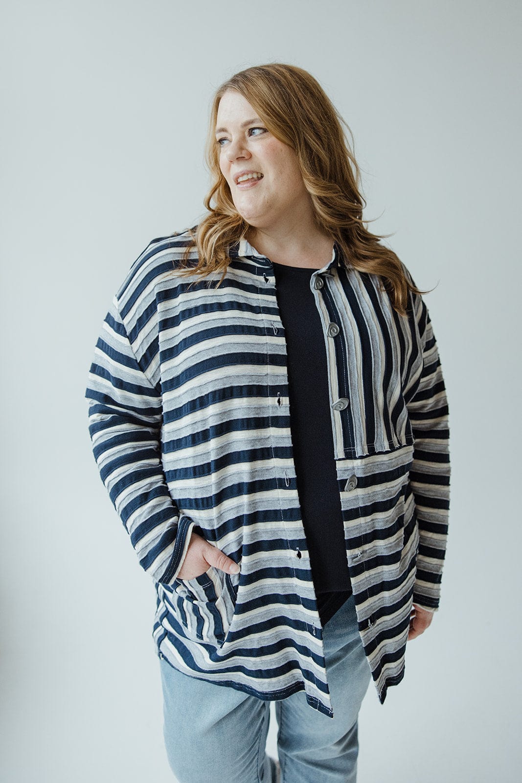 VARYING STRIPE BUTTON - UP BLOUSE IN NAVY - Love Marlow