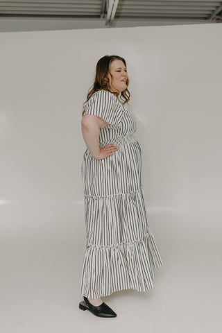 VERTICAL STRIPE FLUTTER SLEEVE DRESS WITH TIERED SKIRT - Love Marlow