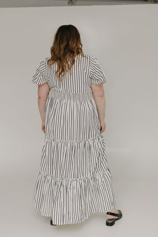 VERTICAL STRIPE FLUTTER SLEEVE DRESS WITH TIERED SKIRT - Love Marlow
