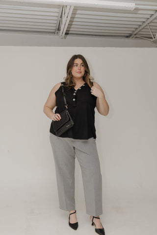 Waffle Texture Wide Strap Tank with Buttons in Black - Love Marlow