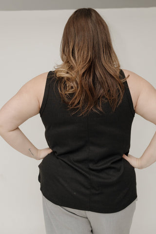 Waffle Texture Wide Strap Tank with Buttons in Black - Love Marlow