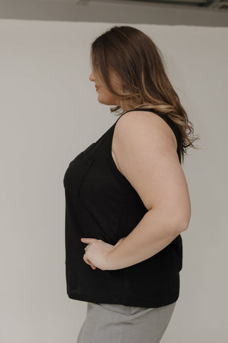 Waffle Texture Wide Strap Tank with Buttons in Black - Love Marlow