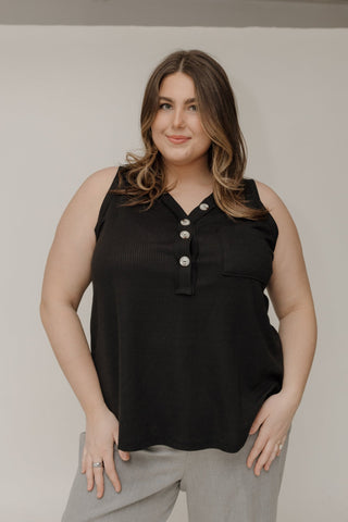 Waffle Texture Wide Strap Tank with Buttons in Black - Love Marlow
