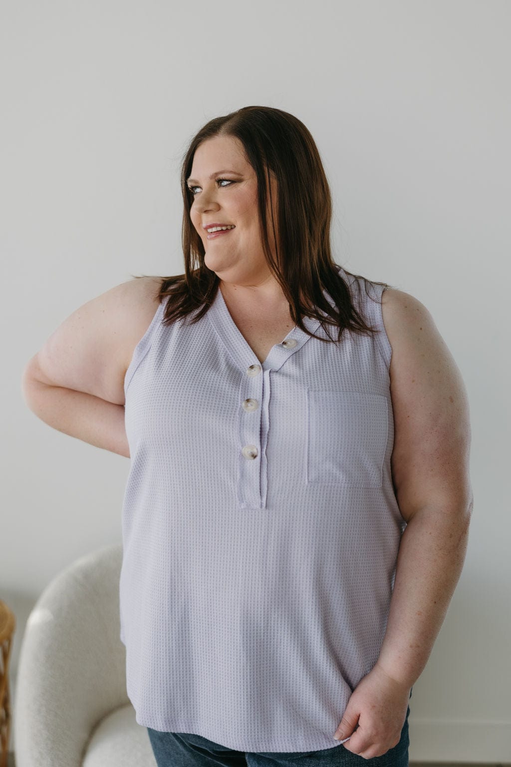 WAFFLE TEXTURE WIDE STRAP TANK WITH BUTTONS IN MISTY AMETHYST - Love Marlow