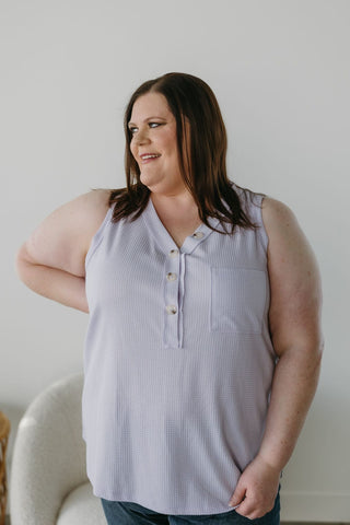 WAFFLE TEXTURE WIDE STRAP TANK WITH BUTTONS IN MISTY AMETHYST - Love Marlow