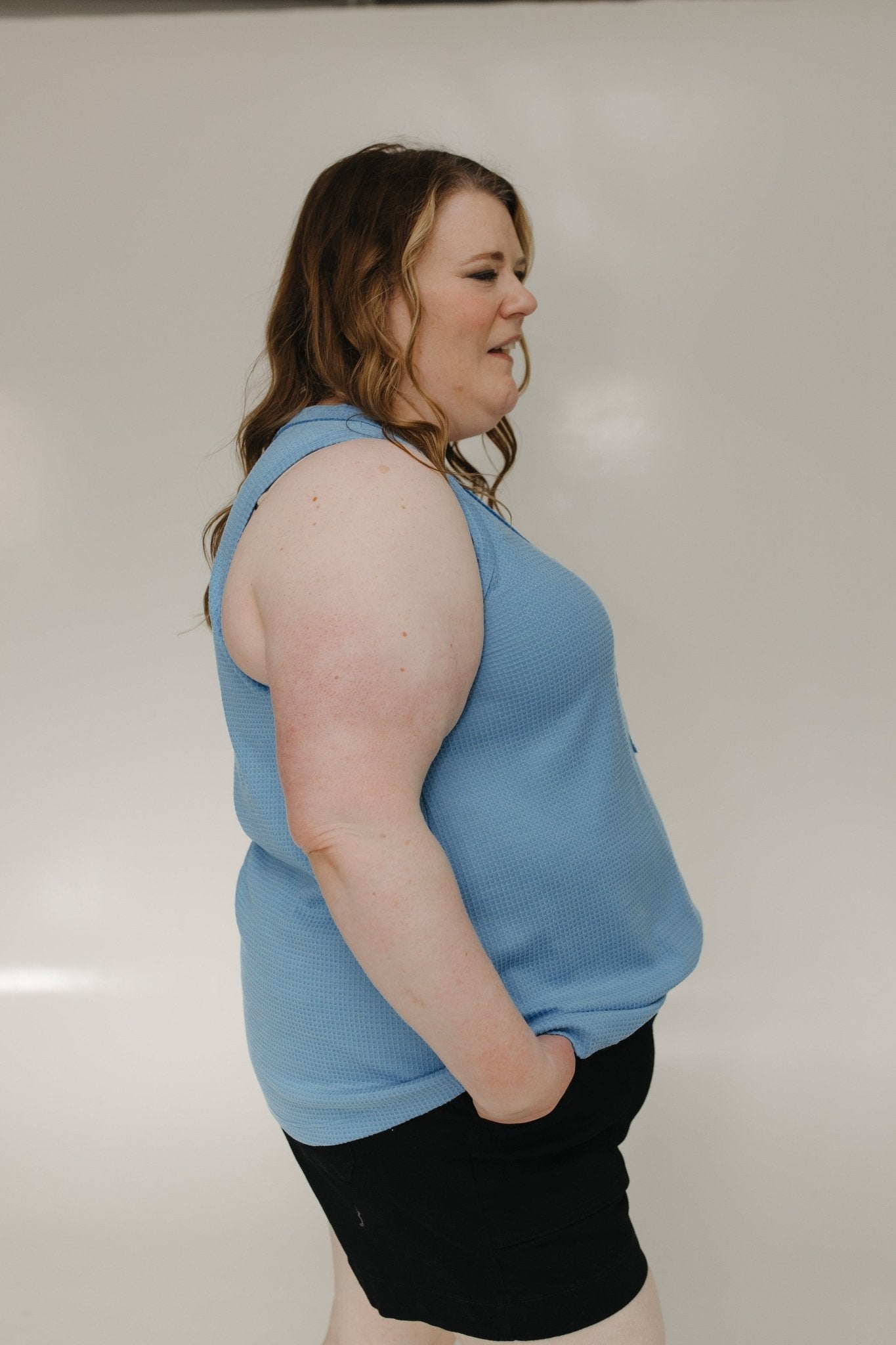 WAFFLE TEXTURE WIDE STRAP TANK WITH BUTTONS IN MYSTIC HARBOR - Love Marlow